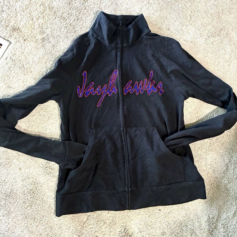 Y2K KU Kansas Jayhawks Rhinestone Jacket Full Zip Black  XL Back Graphic McBling